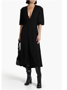 Jil Sander Black V-Neck Midi Dress with Elbow Sleeves